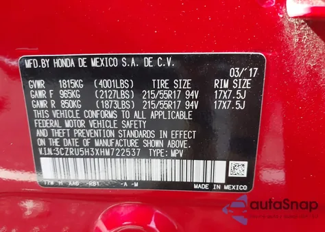 2017 Honda Hr-V Lx из США, поврежденный, VIN 3CZRU5H3XHM722537